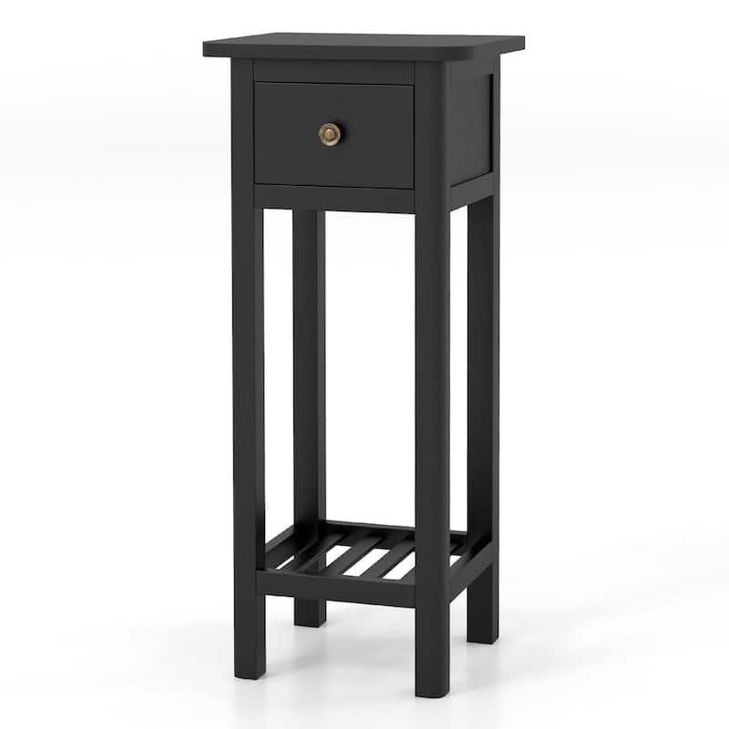 2 Tier Vintage Acacia Wood Side End Table with Drawer and Shelf for Living Room or Bedroom Use - 16" x 16" x 35" (L x W x H)