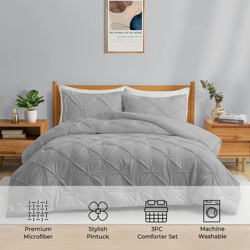 3 Piece Reversible Pintuck Pinch Pleat Bohemia and Tufted Clipped Comforter Set