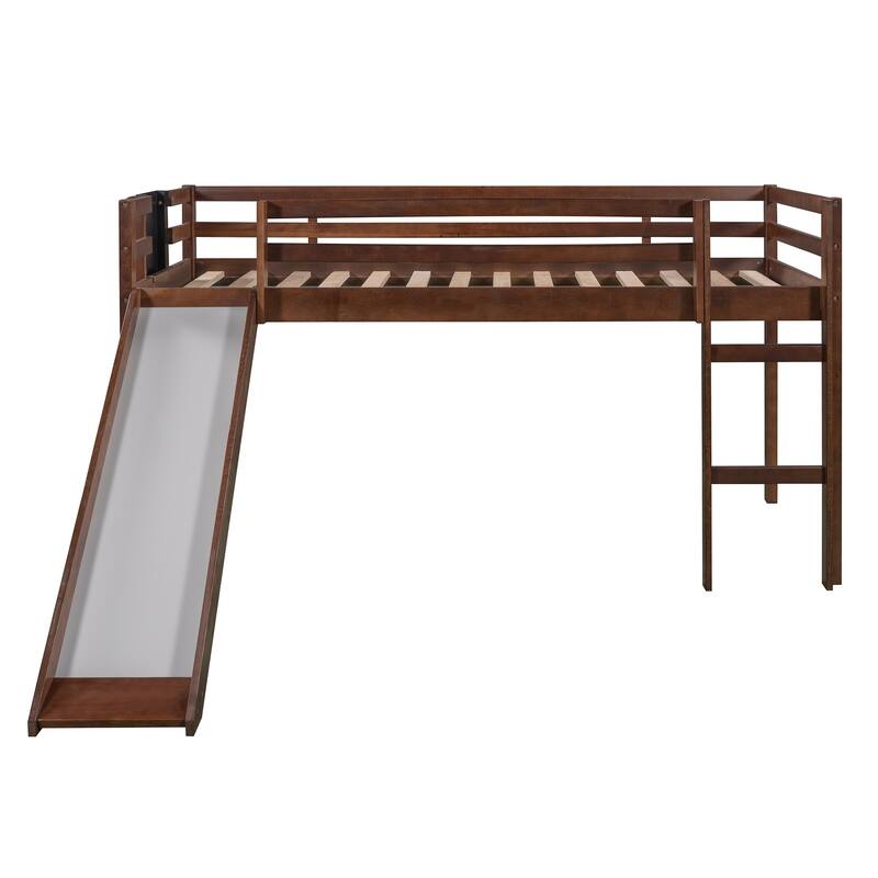 Walnut Twin Size Pine Wood Loft Bed with Convertible Slide, Chalkboard