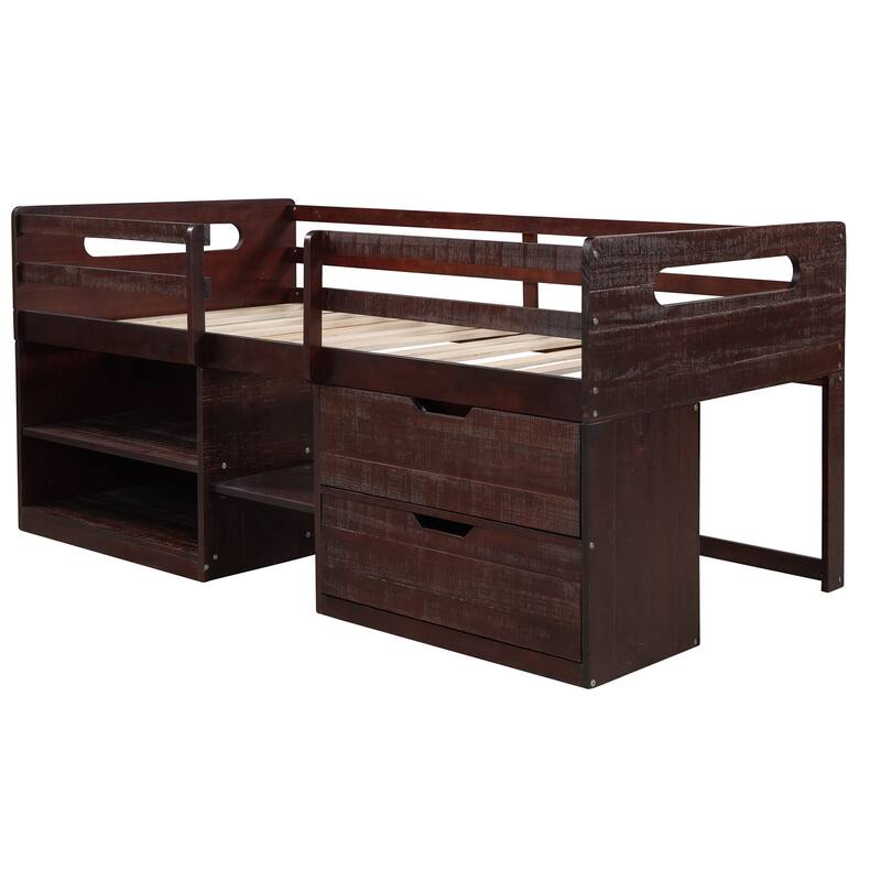 Twin Solid Pine Loft Bed with Shelves, Drawers, and Guardrail