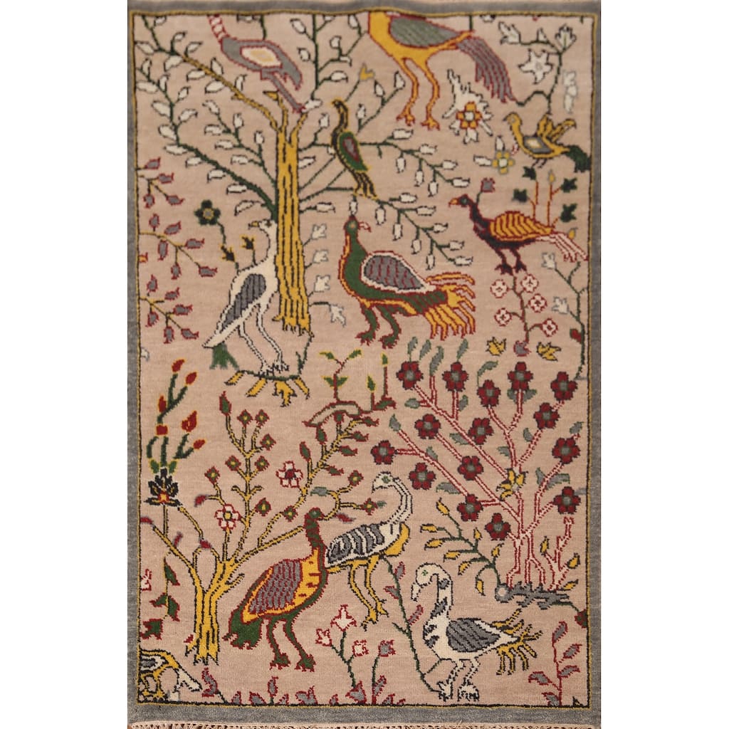 Animals Design Floral Ziegler Indian Area Rug Handmade Wool Carpet - 3'11"x 5'11"