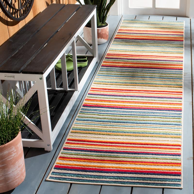 SAFAVIEH Cabana Gafia Indoor/ Outdoor Waterproof Patio Stripe Rug - 2'2" x 7' Runner - Ivory/Green