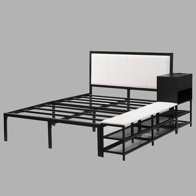Full Size Metal Bed with Storage Shelves and Built-in Wooden Cabinet - Black - Twin
