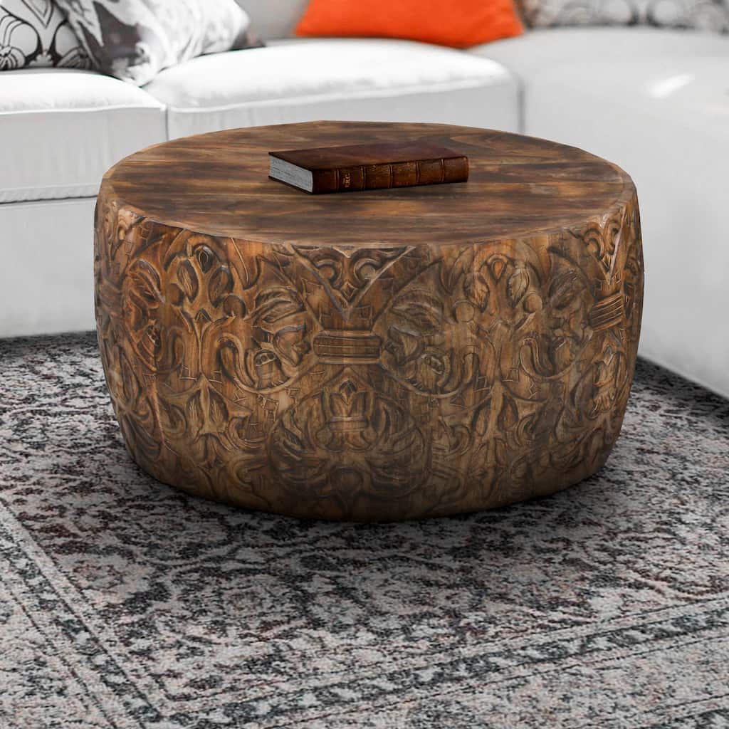 33 Inch Round Coffee Table with Damask Carved Pattern and Wooden Frame, Walnut Brown