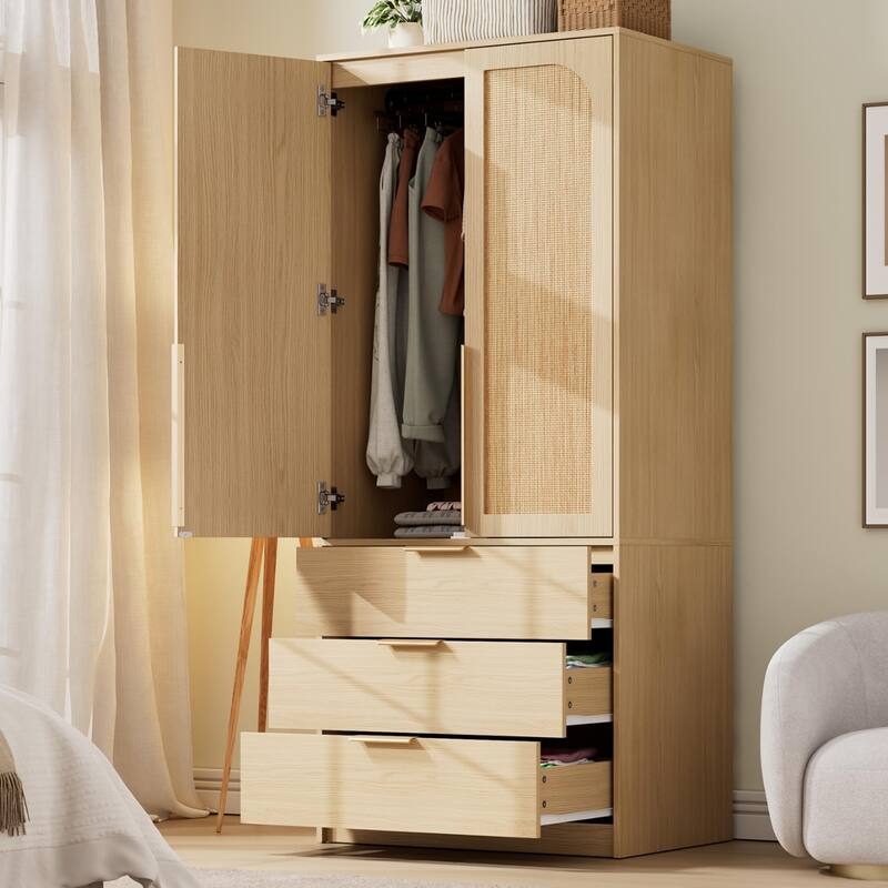 69.5" Armoire Wardrobe Closet with Rattan Doors, 3 Drawers & Hanging Rod, Wooden Storage Cabinet for Bedroom - Yellow