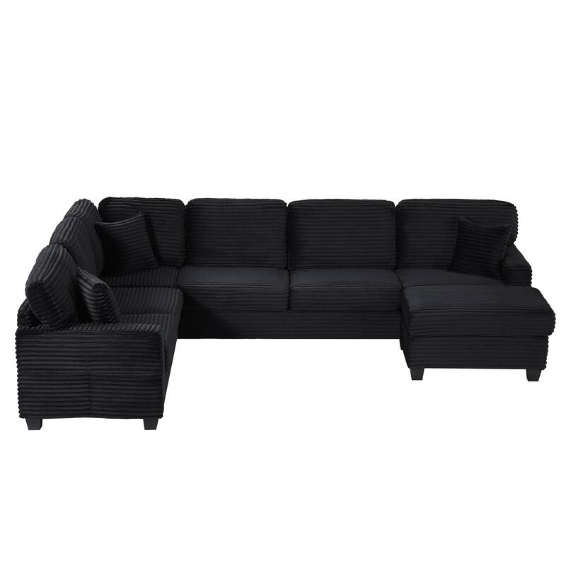 Corduroy U-Shaped Sectional Sofa 125.2" Upholstered Sofa with Movable Footstool and Side Storage Pockets, Pillow