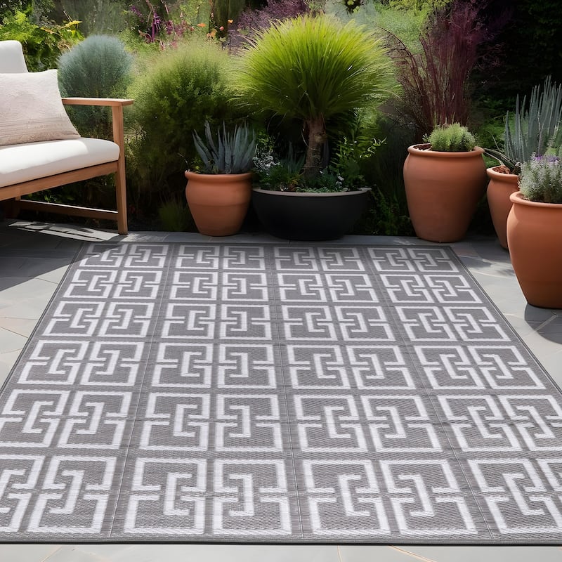 Beverly Rug Geometric Greek Key Outdoor Rug Waterproof for Patio, RV Camping