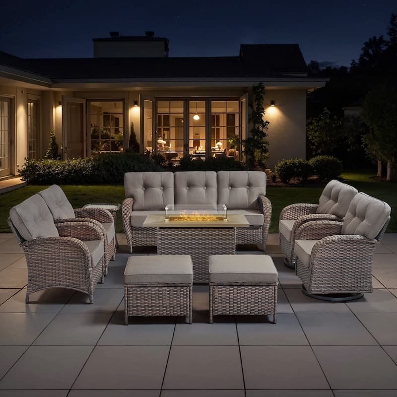 TWrap Wicker Patio Fire Pit Conversation Set with 3-Seat Sofa & Swivel Gliders & Armchairs - Brown/Gray - With 2 Ottomans