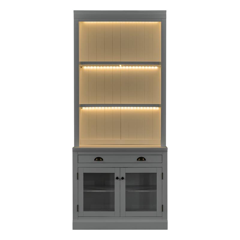 83.4" Large Bookshelf Suite with LED Lighting, 2-Piece Wood Storage Bookcase Set with Glass Doors, Drawers & Open Shelves
