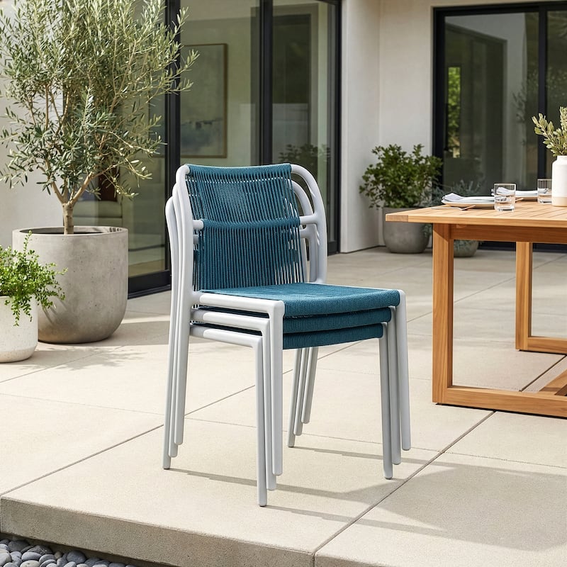 Set of 2 Belden Blue Woven Rope Fabric Dining Chair with Plastic Frame