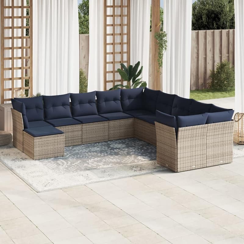 vidaXL Patio Sofa Set with Cushions Outdoor Conversation Furniture Poly Rattan - 24.4" x 24.4" x 27.2" - Beige and gray without table