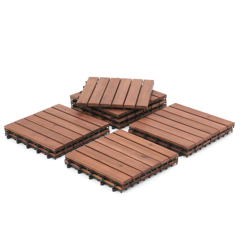 10 Pcs Patio 12"x 12" Acacia Wood 6-slat Deck Tiles