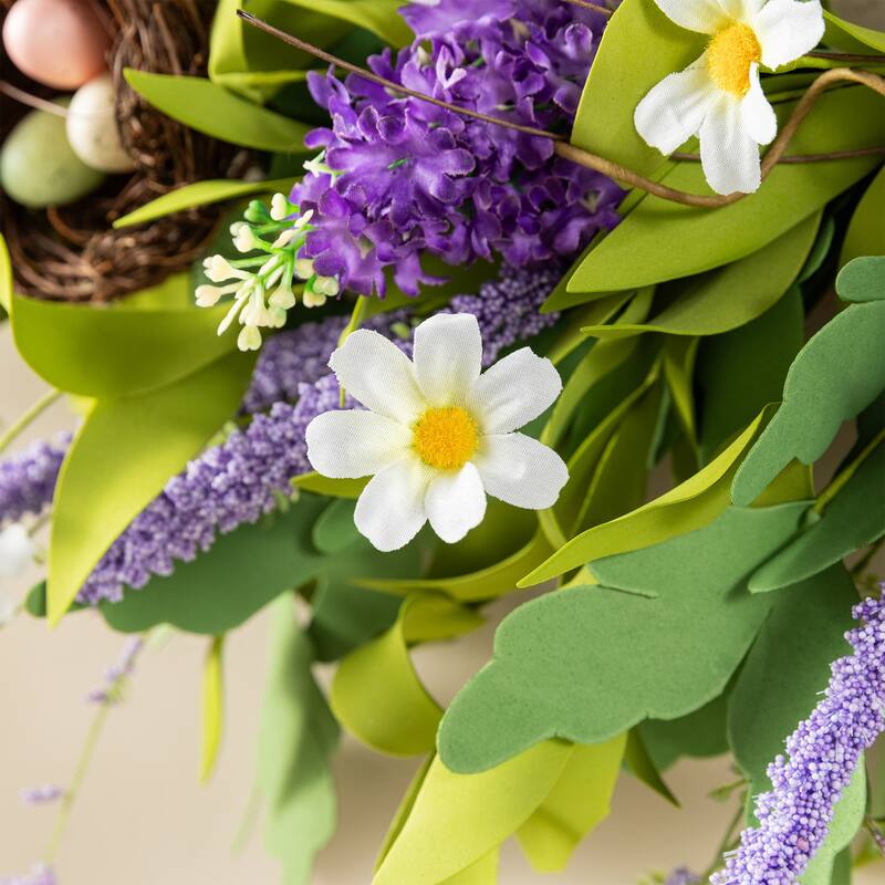 Glitzhome Easter Wreath with Eggs Lavender Bird Nest for Front Door Wall Window Holiday Decoration