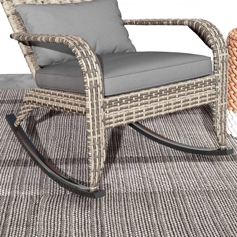 Outdoor Wicker Adirondack Rocking Chair, Patio Rattan Rocker Chair with High Back, Seat Cushion & Pillow for Garden, Porch