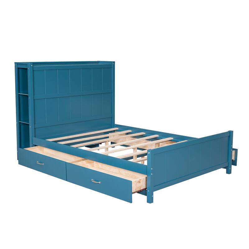 Full Size Platform Bed with Bookcase Headboard, Wooden Storage Bed