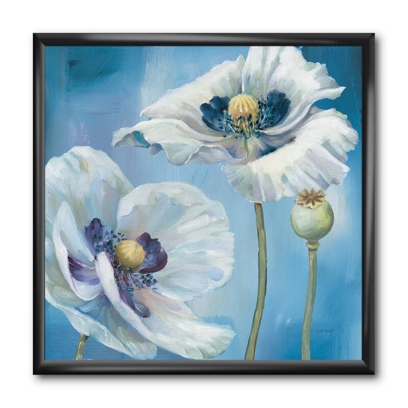 Designart "White Flower on Blue I" Farmhouse Framed Art Print