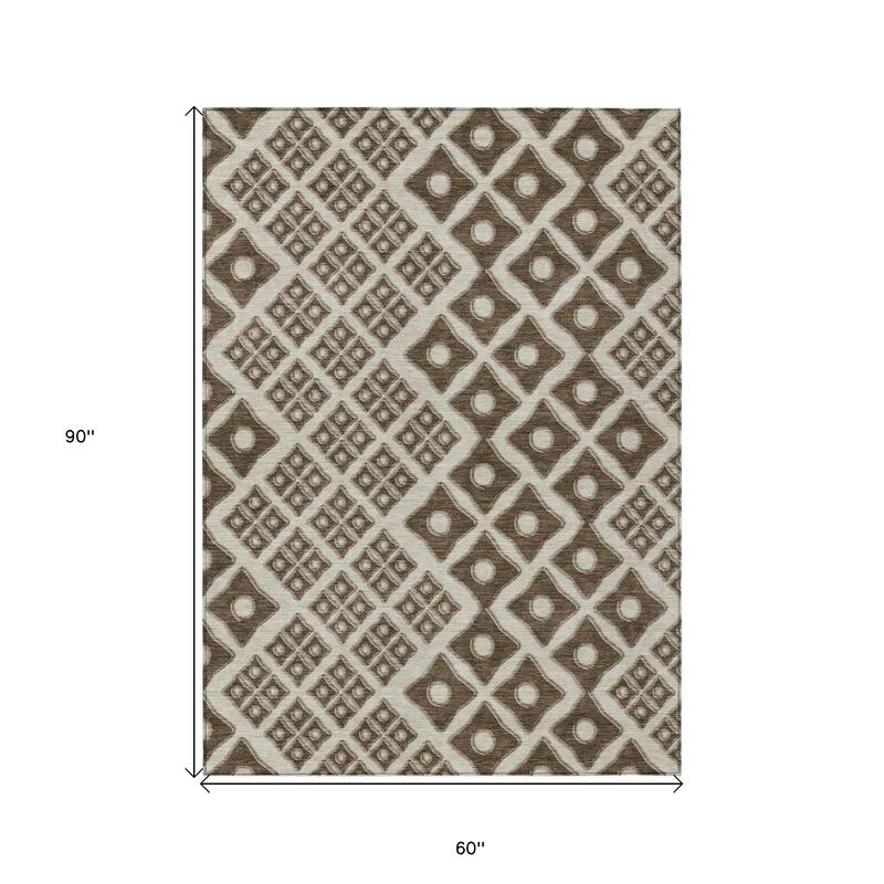 Brown And Beige Geometric Washable Indoor Outdoor Area Rug - 5' X 8'