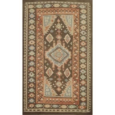 Hand Woven Oriental 100% Wool Carpet Southwestern Tribal Brown Kilim Area Rug - 9' 6'' X 6' 5''