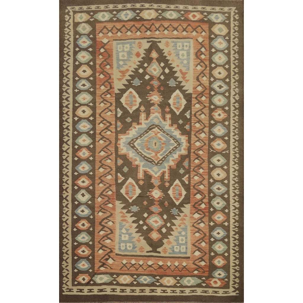 Hand Woven Oriental 100% Wool Carpet Southwestern Tribal Brown Kilim Area Rug - 9' 6'' X 6' 5''