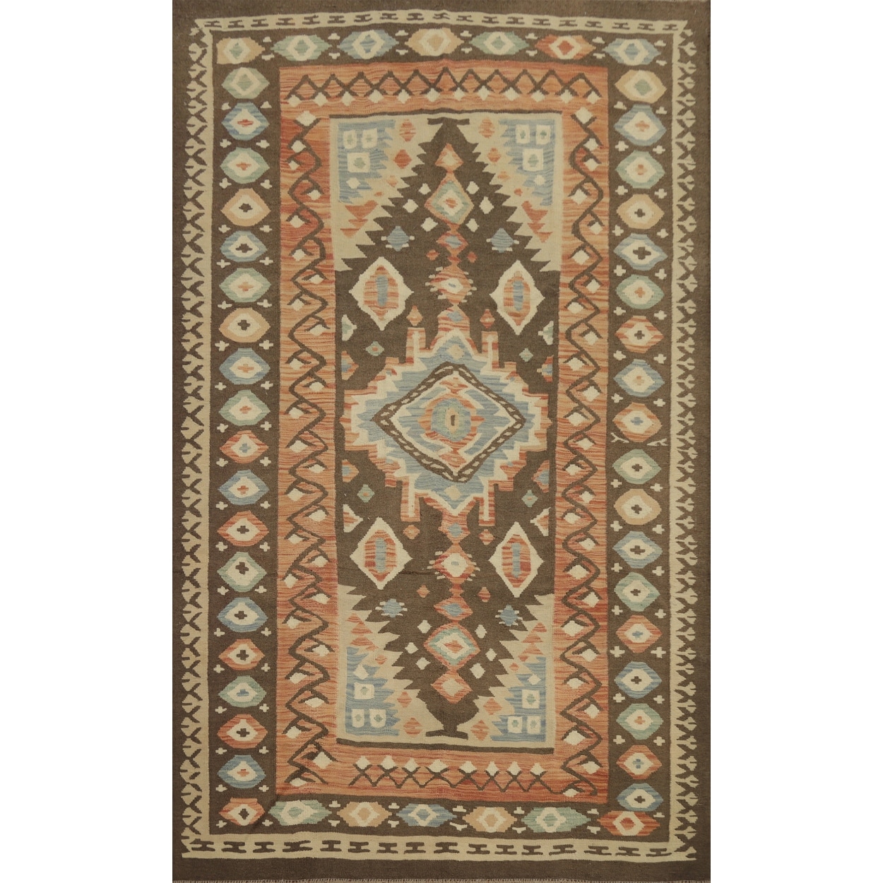 Hand Woven Oriental 100% Wool Carpet Southwestern Tribal Brown Kilim Area Rug - 9' 6'' X 6' 5''