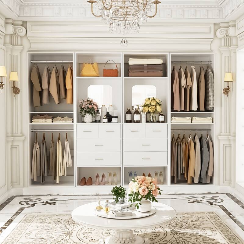 Set of 4 Closet System with 4 Drawer and Hanging Rods, Freestanding Closet Organizer with Storage Shelves - White