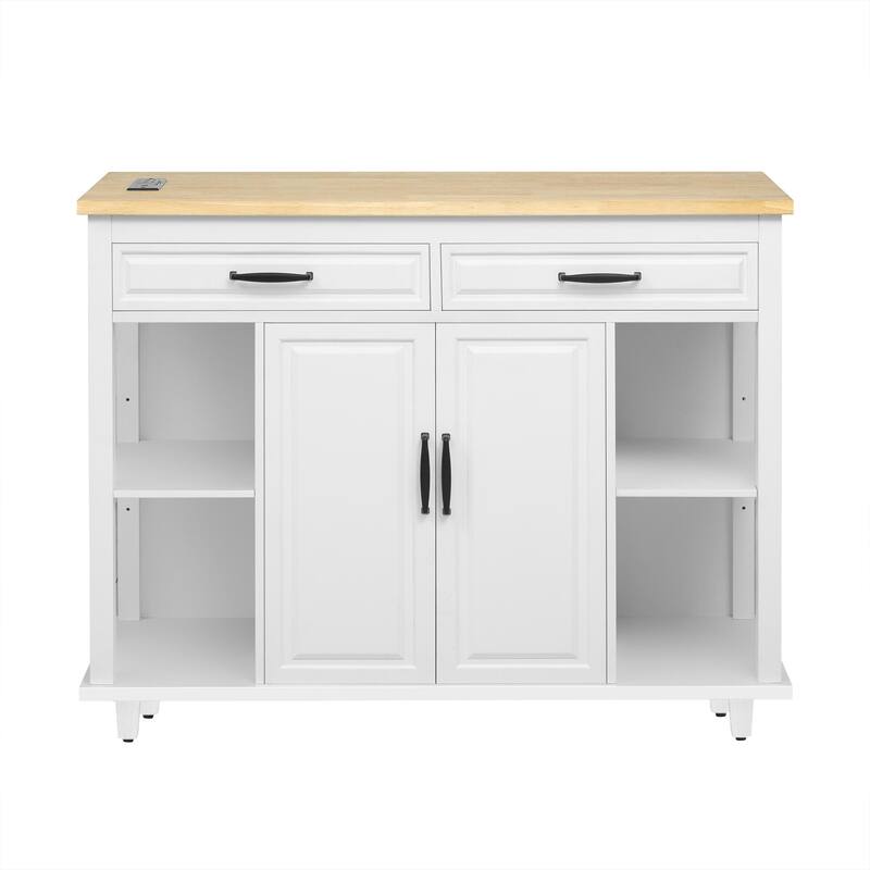 Kitchen Island with 2 Drawers and 2 Cabinet, Extendable Storage Table with Internal Storage Rack, Power Outlet for Living Room