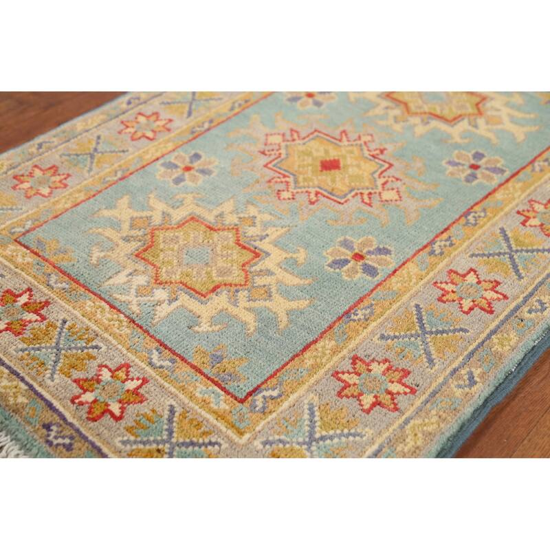 Light Blue Kazak Accent Rug Hand-Knotted Geometric Wool Carpet - 2'1"x 2'10"