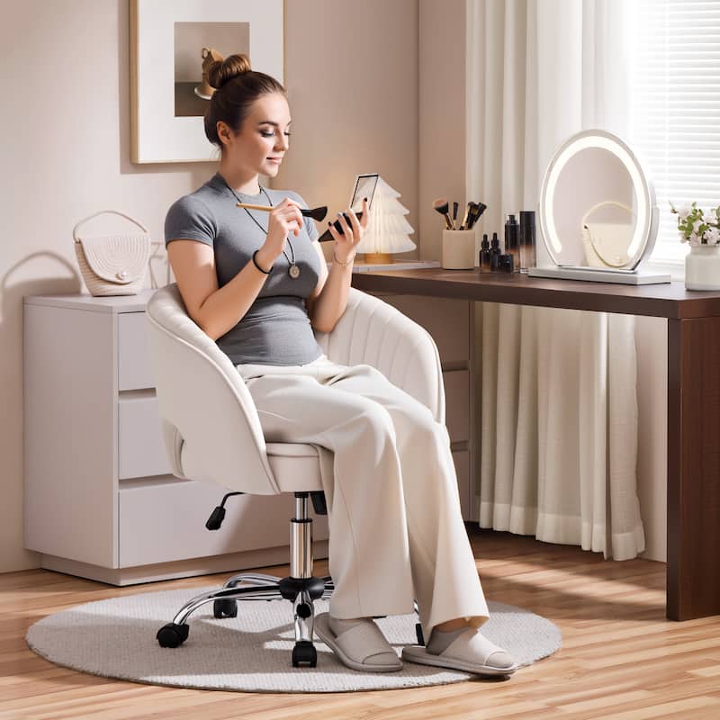 Yaheetech Velvet Office Chair with Tufted Barrel Back, Rolling Wheels, Adjustable Seat Height - Cream