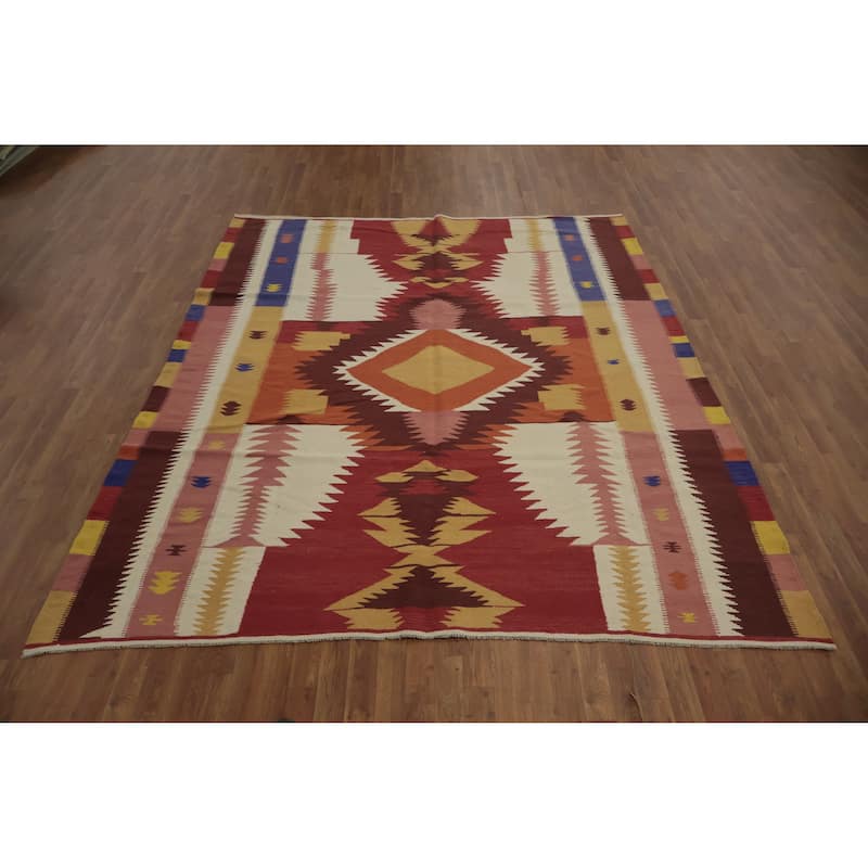 Hand Woven Oriental 100% Wool Carpet Southwestern Tribal Multi-Colored Kilim Area Rug - 9' 5'' X 7' 9''