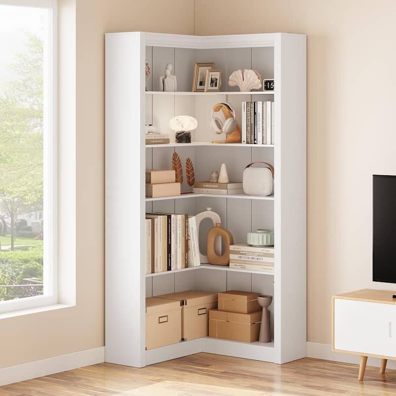 71.8" Tall Corner Bookshelf, 5-Tier L-Shaped Corner Bookcase, Modern Industrial Wood Display Storage Shelves for Living Room - White