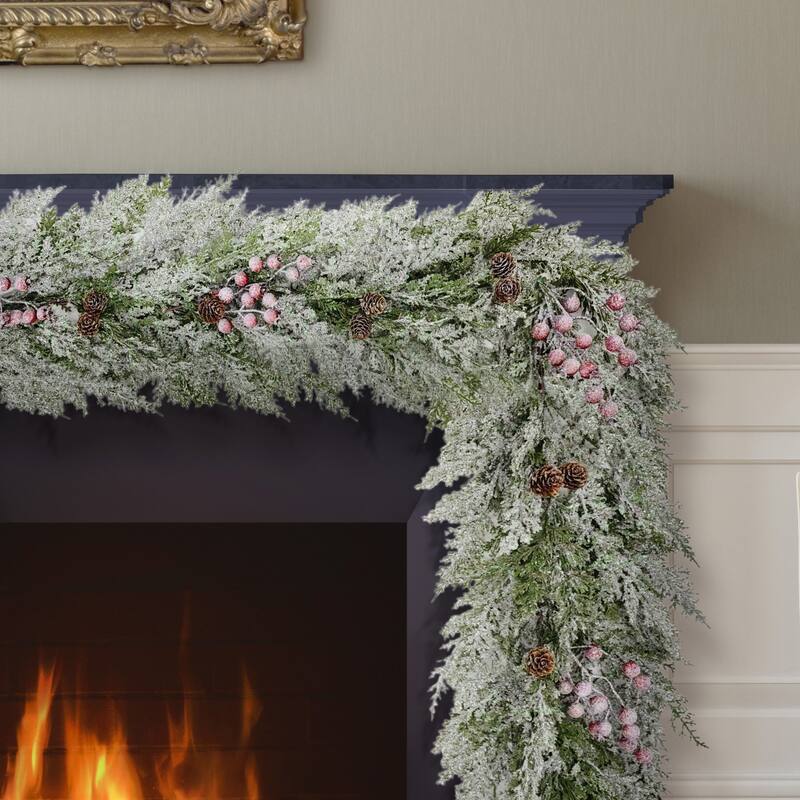 Puleo International 9' x 10" Artificial Flocked Garland Adorned with Pinecones and Red Berries