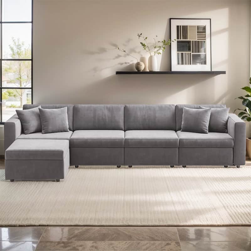 Pocassy Cloud Sectional Couch Upholstered Velvet Couches - 4-Seat with Ottoman - Grey