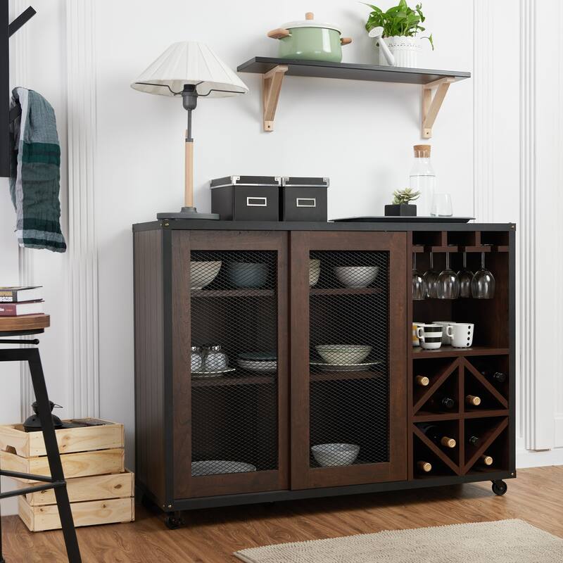 DH BASIC Vintage Walnut 48" Mobile Buffet with Wine Grid by Denhour - Vintage Walnut