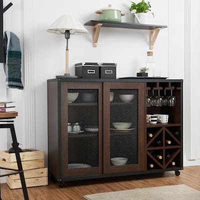 DH BASIC Vintage Walnut 48" Mobile Buffet with Wine Grid by Denhour