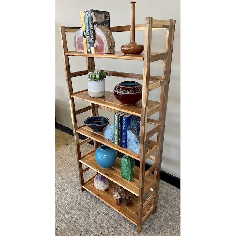 Solid Acacia 5 Tier Folding Bookcase