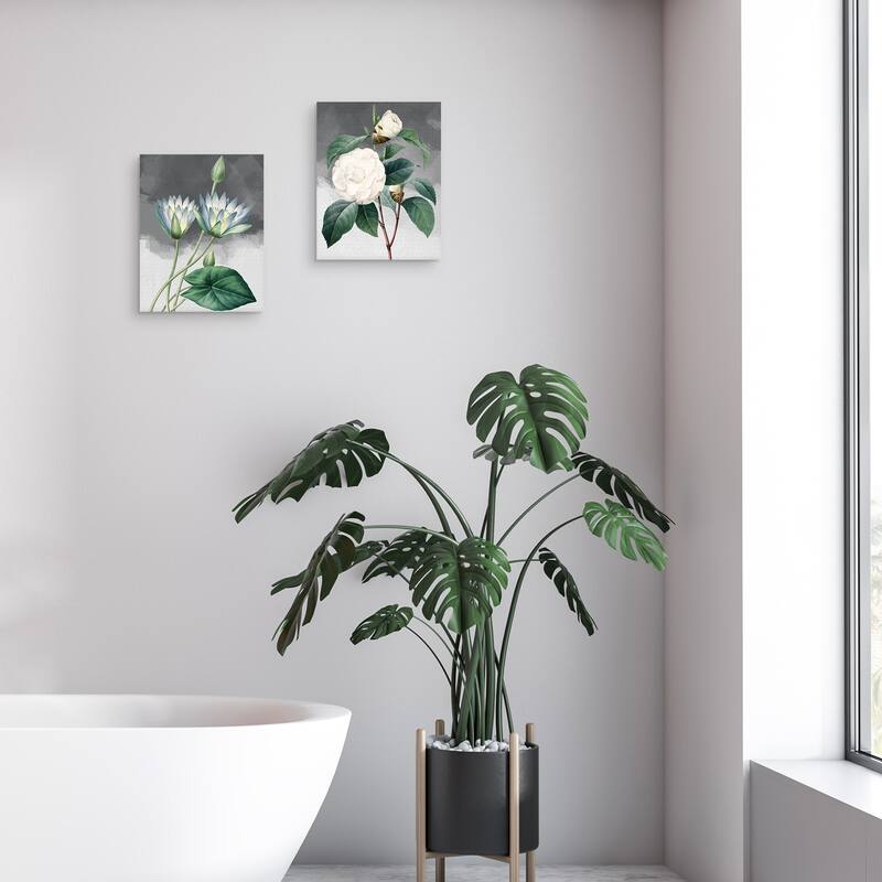 Blue Lotus & White Common Camellia Grey Canvas Art Prints