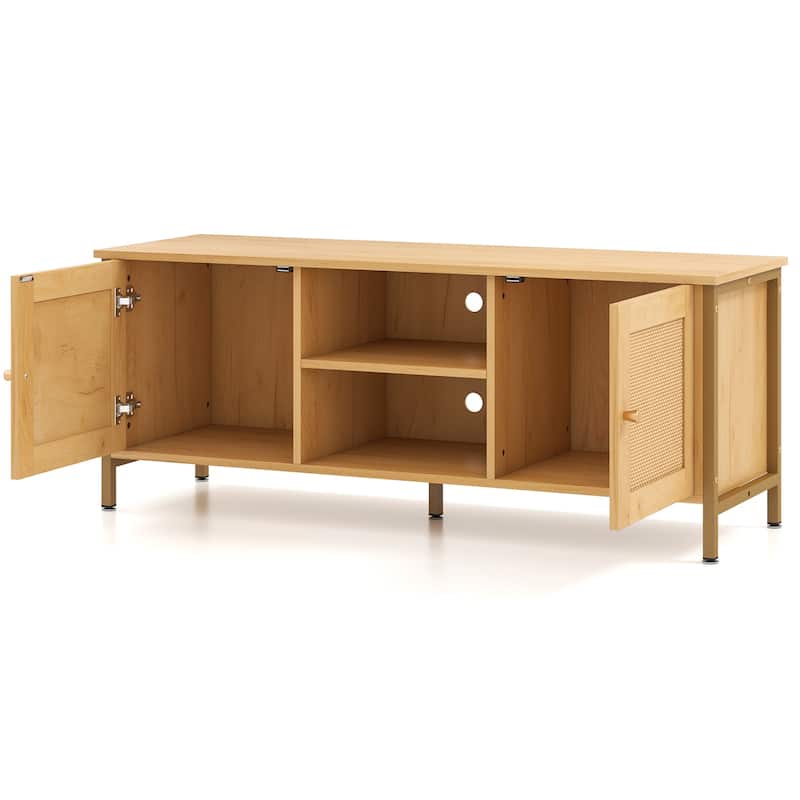 Natural Engineered Wood TV Stand with Faux Rattan Doors, Metal Feet and Storage Shelves - 48" x 16" x 19"(L x W x H)