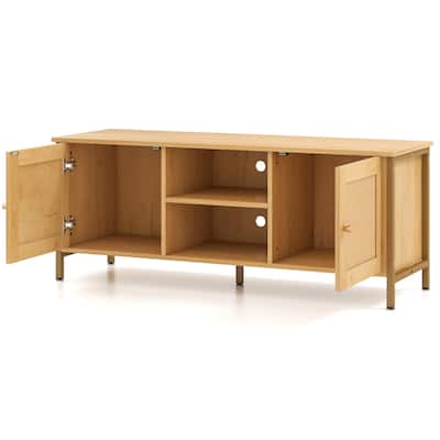 Natural Engineered Wood TV Stand with Faux Rattan Doors, Metal Feet and Storage Shelves - 48" x 16" x 19"(L x W x H)