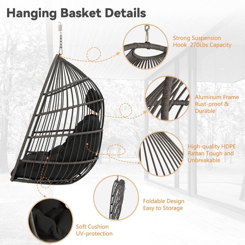 Hanging Chair PE Hanging Chair with Stainless Steel Suspension kit, Outdoor Garden Rattan Egg Swing Chair with Cushion