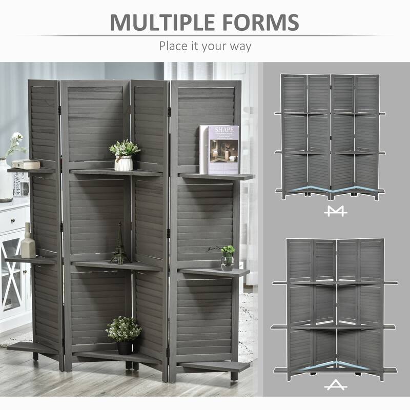 HOMCOM Blinds Style 4-Panel Wood Room Divider, 67'' Tall Folding Privacy Screen Panels Gray - 8' x 10'