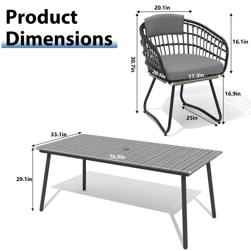 7-Piece Outdoor Patio Dining Set Wood-Like Table Top Alumium Umbrella Hole Table with Rattan Chairs