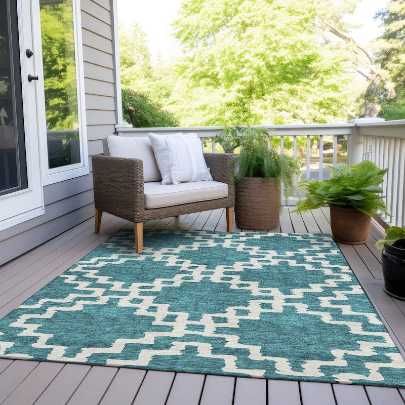 Machine Washable Indoor/ Outdoor Chantille Trellis Geo Rug - Teal - 8' x 10'