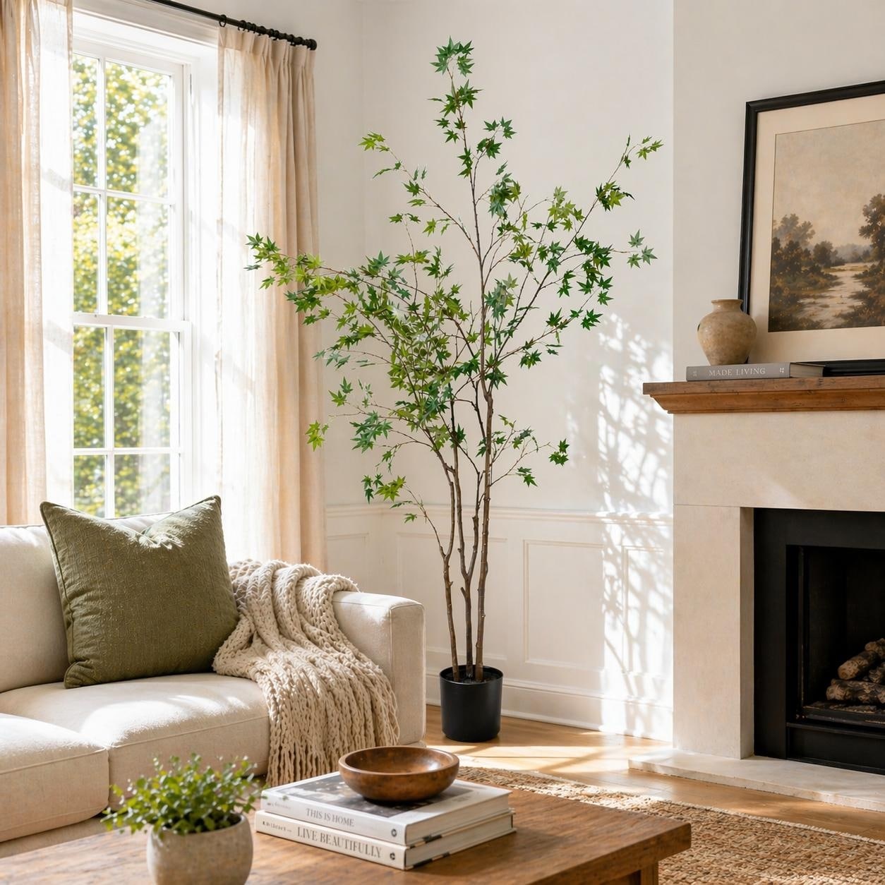 Everleaf 84" Indoor Artificial Faux Japanese Maple Tree in Nursery Pot with Lifelike Leaves, Branches, & Trunk