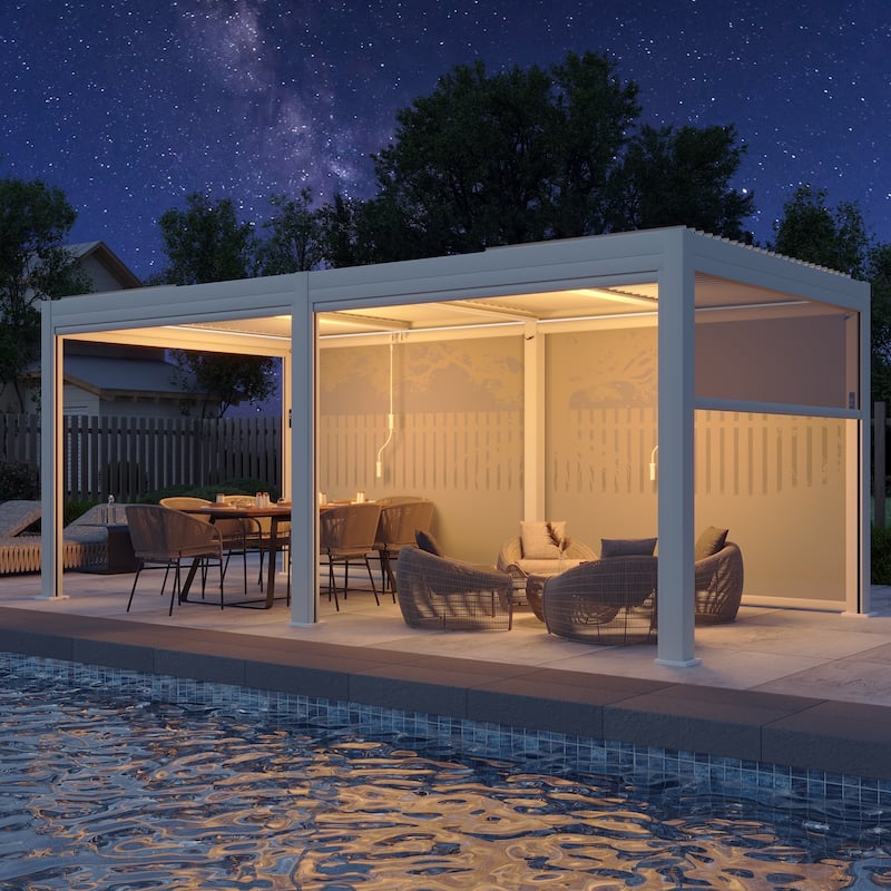 EROMMY Outdoor Louvered Pergola Gazebo with Adjustable Aluminum Rainproof Roof and Pull-Down Screen