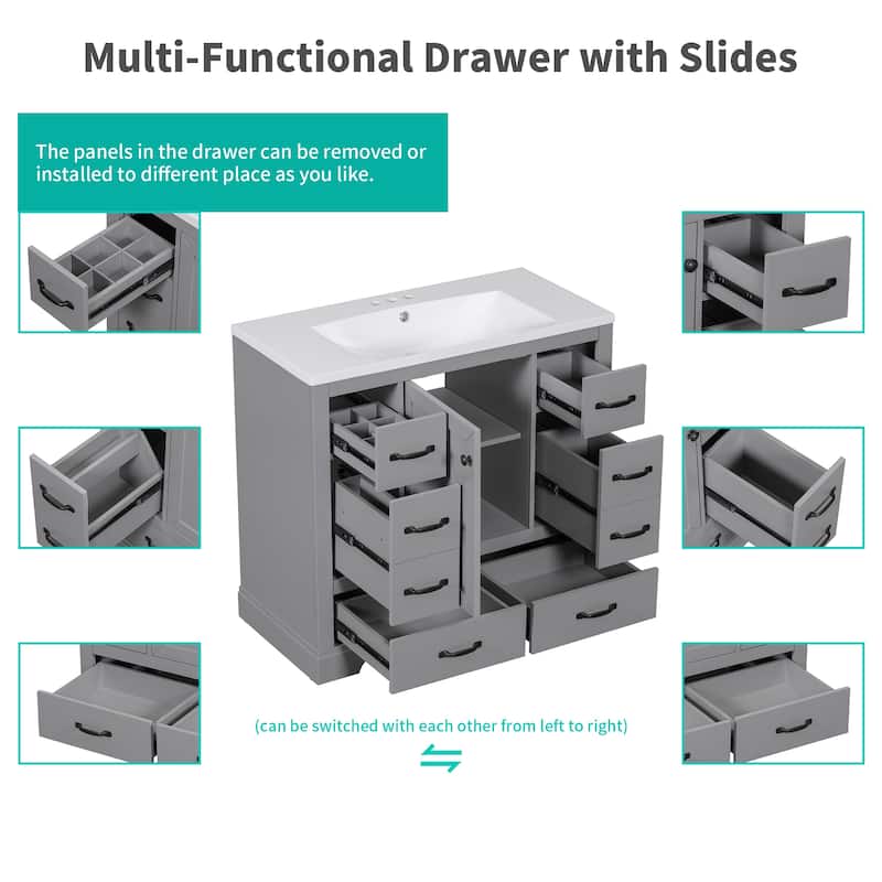 36"Bathroom Vanity without Sink,Cabinet Base Only,Six Drawers,Multi-Functional Drawer Divider,Adjustable Shelf