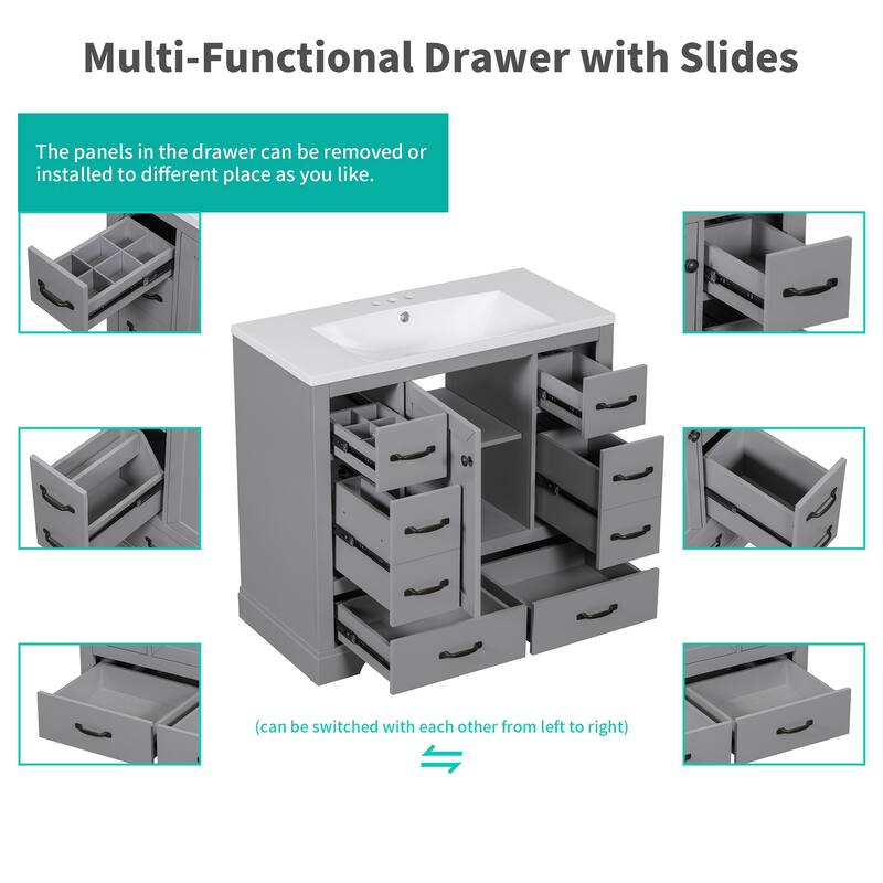 Modern 36" Bathroom Vanity with Sink, Six Drawers, Adjustable Shelf & Multi-Functional Dividers