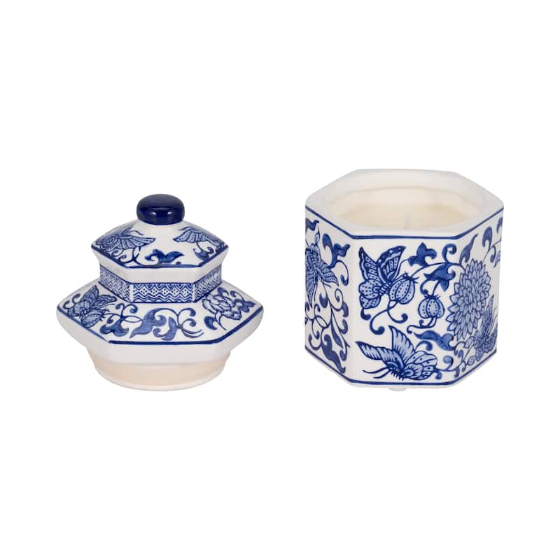 Sagebrook Home Ceramic Sandalwood Myrrh Candle, Chinoiserie Design 7" 7OZ - 4" x 4" x 7"