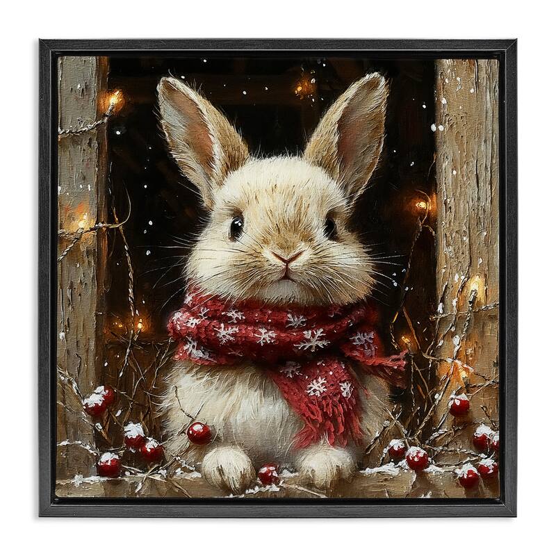 Stupell Bunny with Snowy Holly Berries Framed Floater Canvas Wall Art Design By Riley B - 18 x 18 - Black