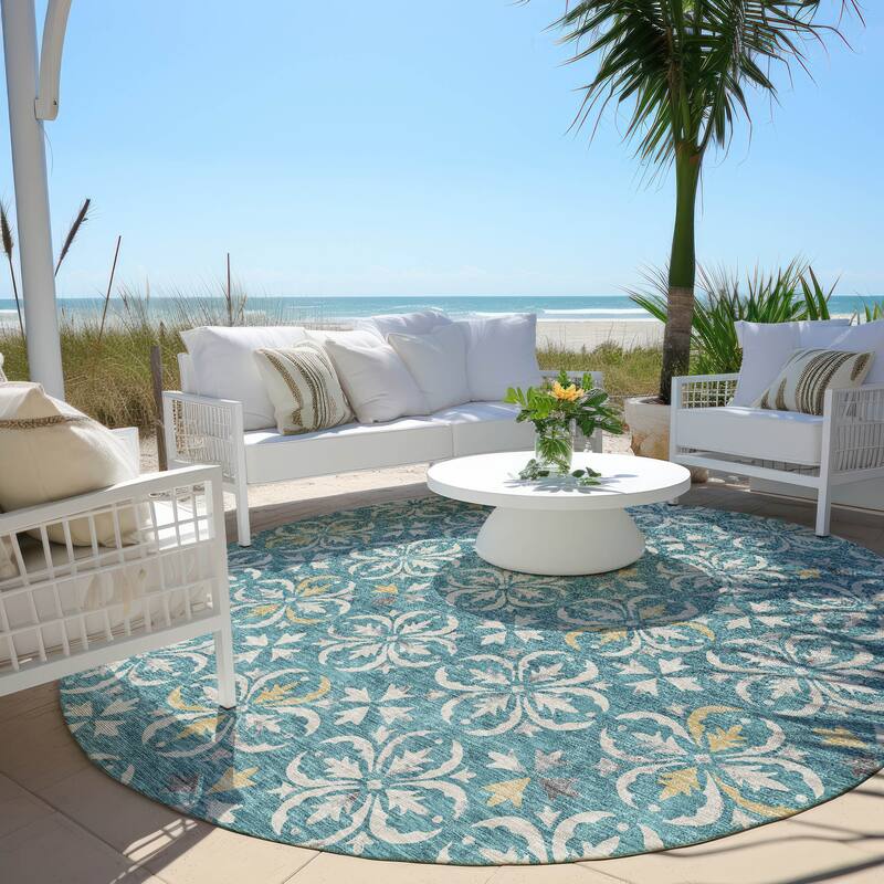 Machine Washable Indoor/ Outdoor Chantille Traditional Medallion Rug - Teal - 8' x 8'