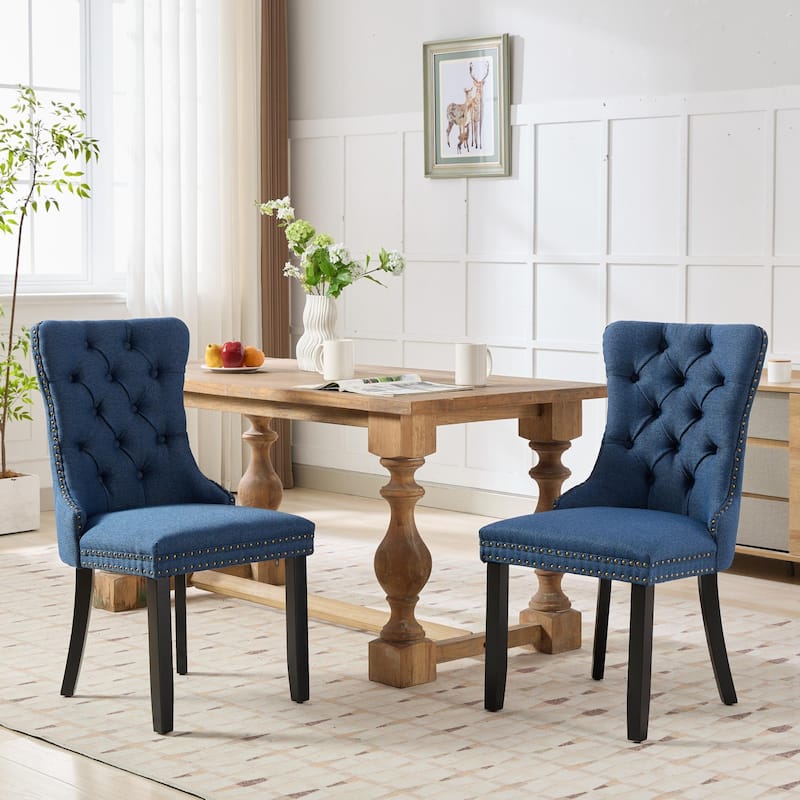Solid Wood Dining Chairs Set of 2, Tufted Upholstered Kitchen Side Chairs, Dining Chair with Wood Legs & Nailhead Trim